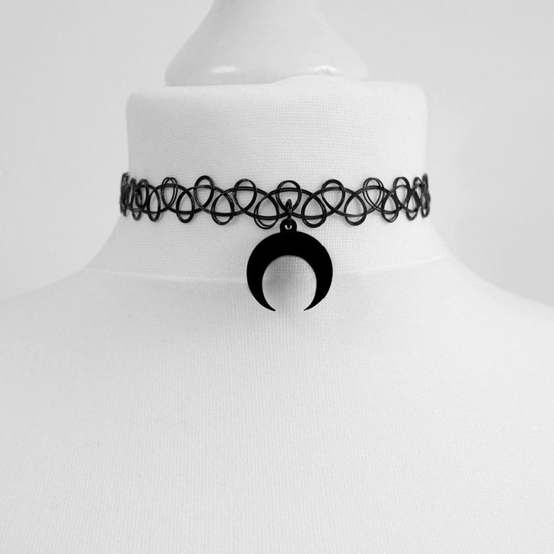 Black Crescent Moon Choker Necklace Gothic Grunge Black Velvet Jewelry Gorgeous Women Pendant Gothic Statement Goth: green