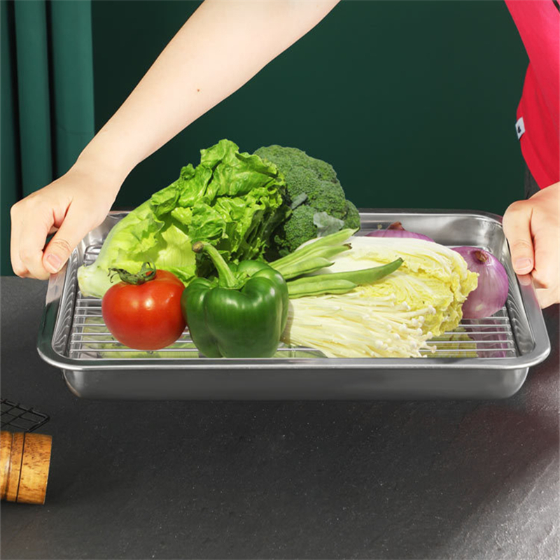 Placas de almacenamiento rectangulares, utensilios para hornear de acero inoxidable con rejilla de refrigeración, bandeja para hornear para horno de cocina, bandeja con filtro de aceite, bandejas para servicio de alimentos