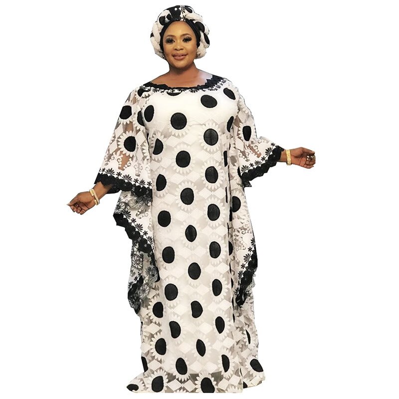 Style Classic African Women's Dance Nigeria Dashiki Net Cloth Lace Loose Long Dress and Underdress 2piece Free Size