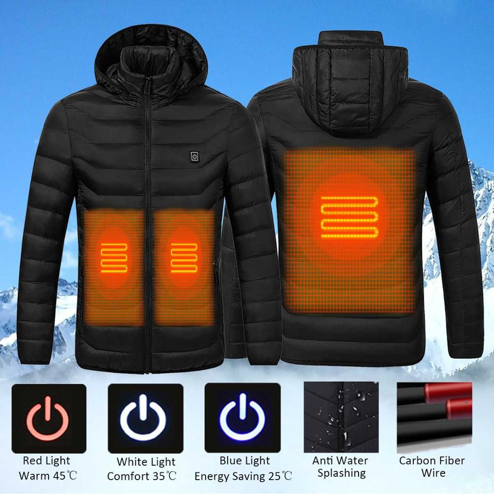 Casaco aquecido de inverno para homens e mulheres, jaqueta com bateria elétrica usb de manga comprida com capuz, roupa térmica de inverno quente para esqui