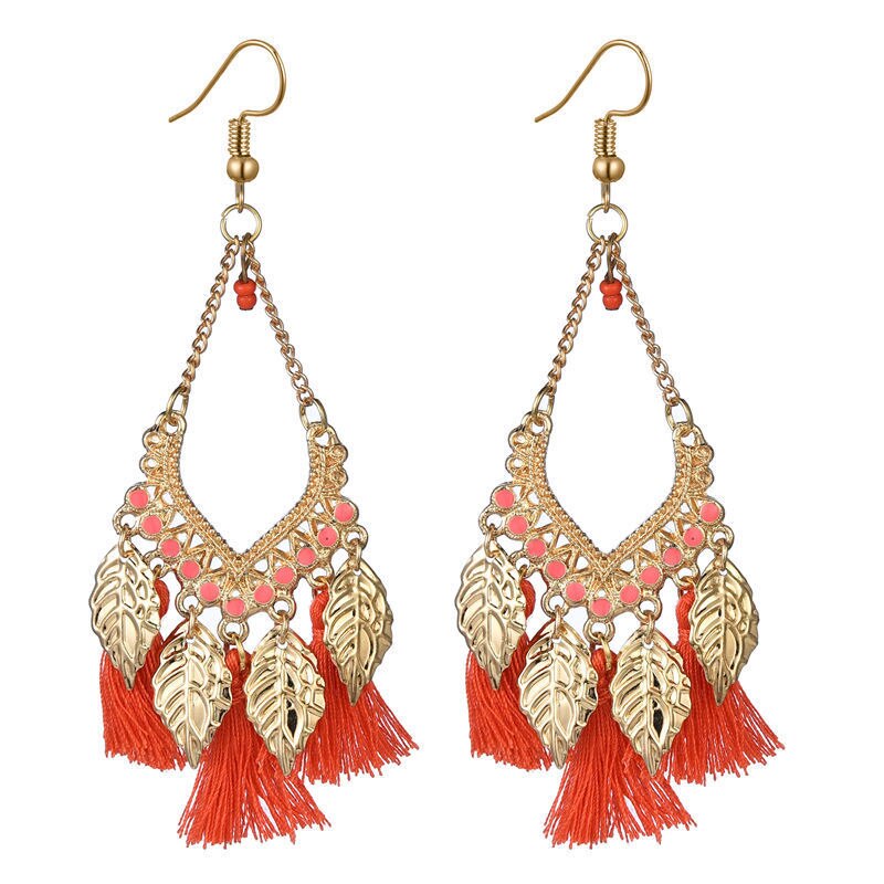 Women Earrings Trend Bohemian Gold Color Alloy Leaf Tassel Dangle Earrings Korean Jewelry: Red