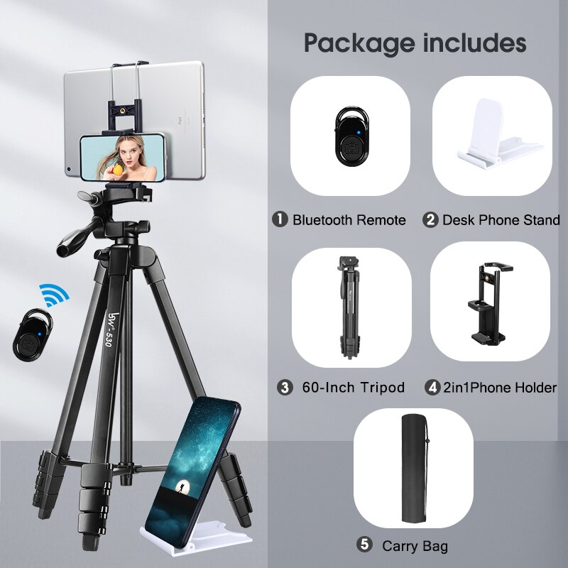 Tripod for Camera Tablet 60-Inch/150cm Aluminum Phone Tripod for Phone /iPad/ DSLR Camera with remote control Mount Holder: 2in1 Holder remote