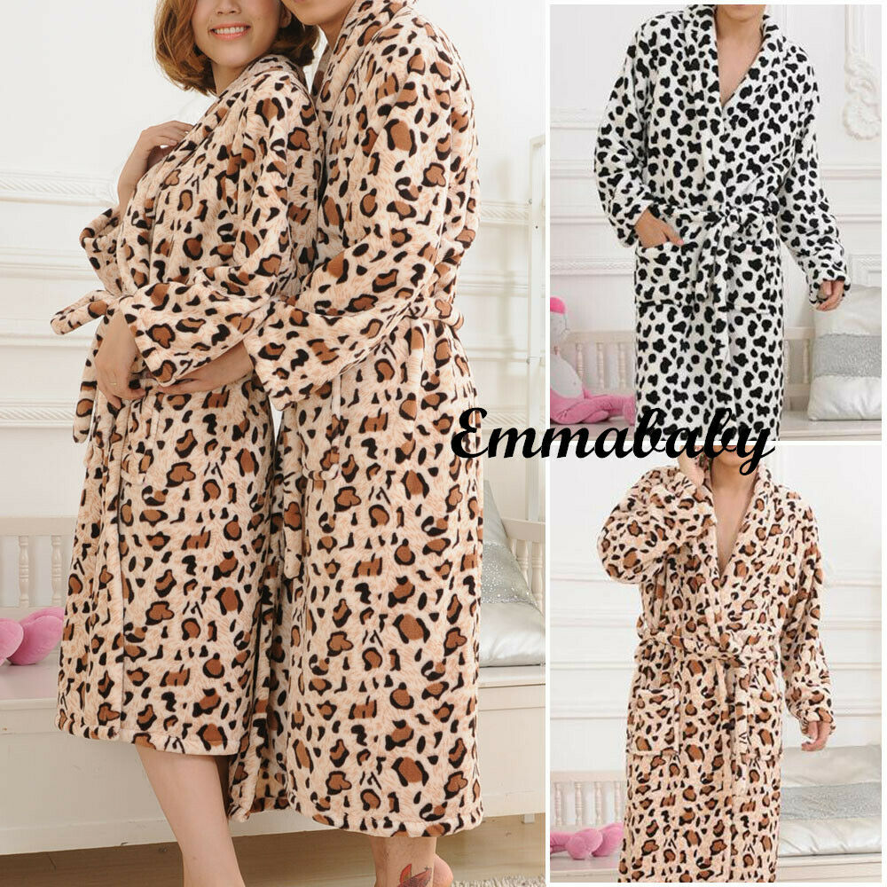 Unisex Men Flannel Warm Thickening Leopard Print Long Robe Soft Bathrobe Towelling Bath Robe Dressing Gown Nightwear