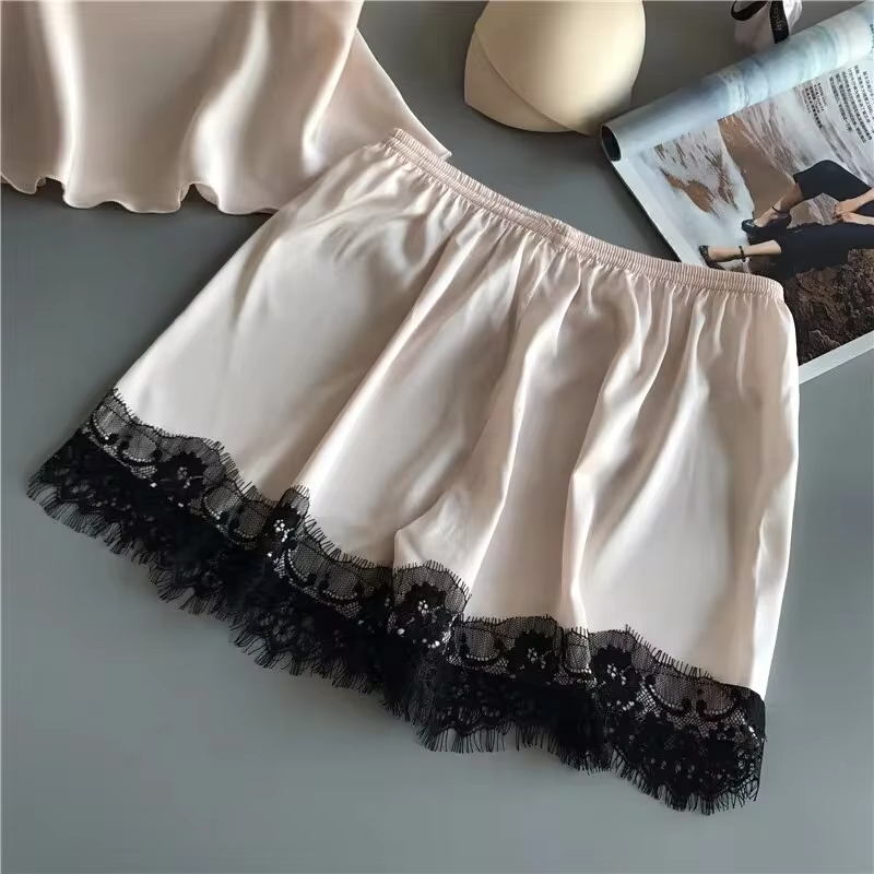Traje de pijama para mujer, picardías de satén elástico con cuello en V, lencería Sexy de encaje, pijamas con lazo, pantalones cortos para dormir, conjunto de ropa de dormir nueva