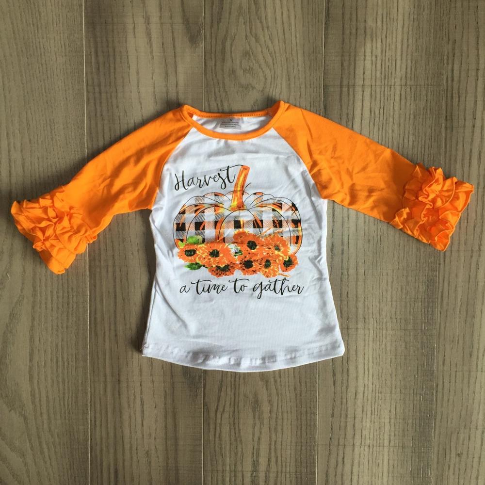 Girlymax efterår halloween orange bomuld høst tid til gotton top glasur ærme plaid græskar t-shirt baby piger raglans boutique: 2t