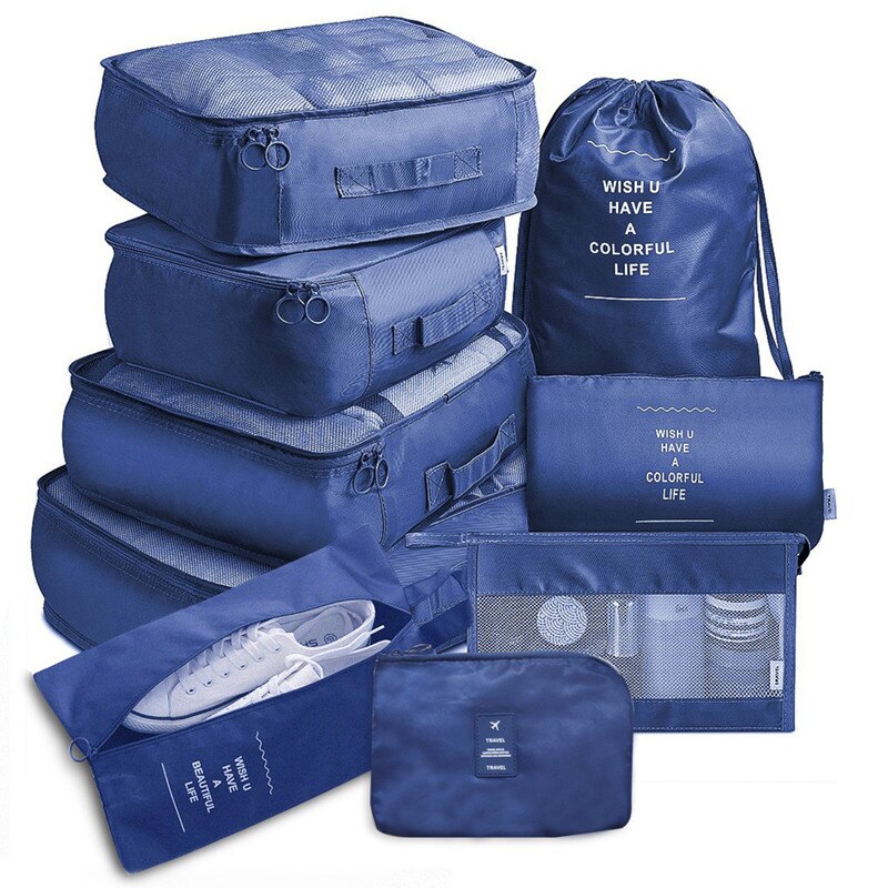 9-piece Suitcase Organize Storage Bag Portable Cosmetic Bag Clothes Underwear Shoes Packing Set Travel accessories: Navy