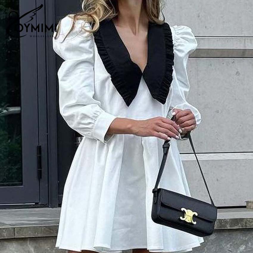 Oymimi Elegantes schwarzes Patchwork-Damenkleid, lässiges Peter-Pfanne-Kragen-Kleid mit drei Viertelärmeln, modische plissierte Minikleider: S / Weiß