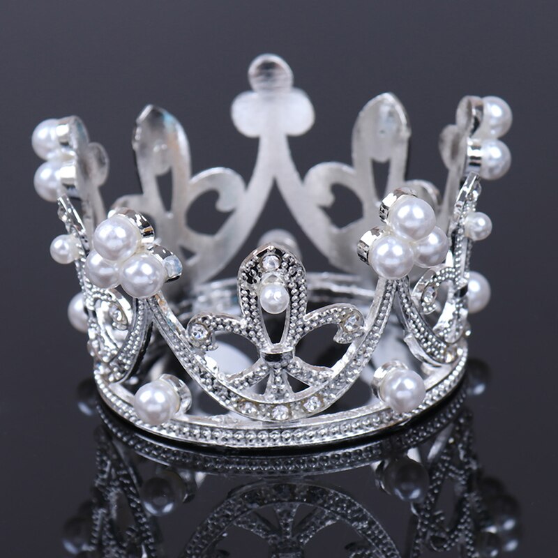 Shining Mini Crown Cake Topper Alloy Pearl Happy Birthday Cake Toppers Wedding&Engagement Cake Decora Sweet Party Decorations: Silver