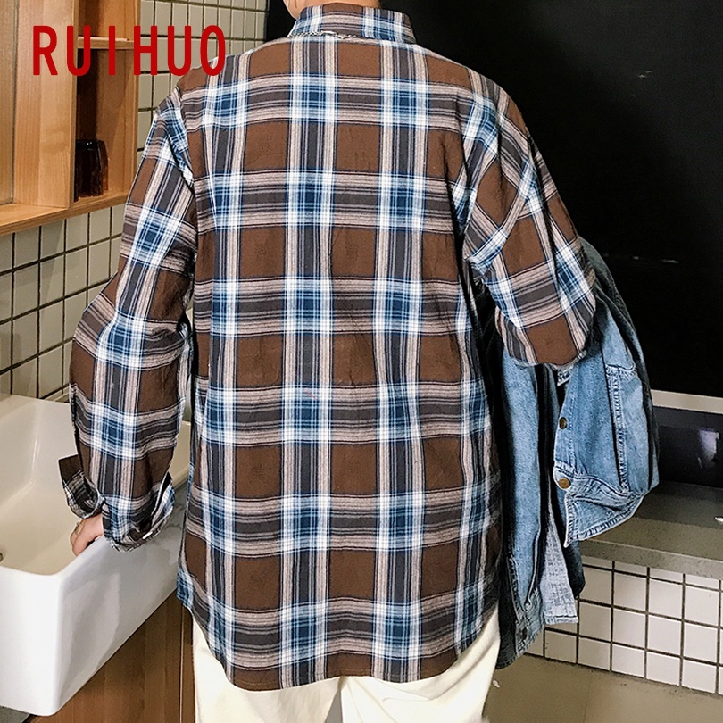 Ruihuo våren casual rutete skjorte herre slim fit koreansk stil mannlige langermede skjorter herre merke pluss størrelse m -3xl