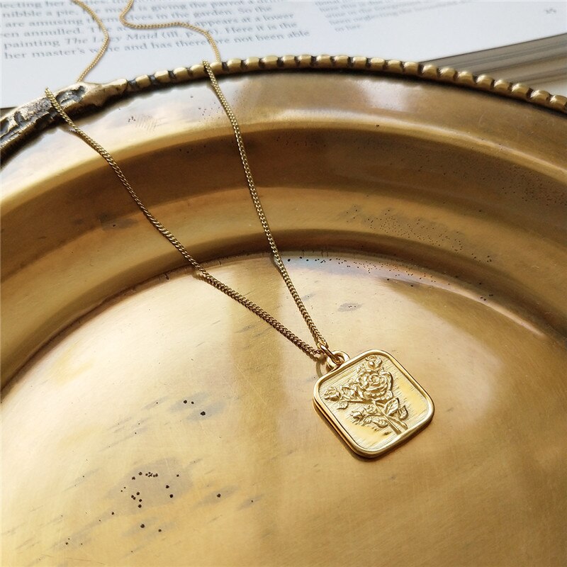 INZATT Boho Spiegel Cirkel Vierkante Rose Bloem Hanger Ketting 925 Sterling Zilveren Fijne Sieraden 45 cm of 55 cm Keten voor Vrouwen