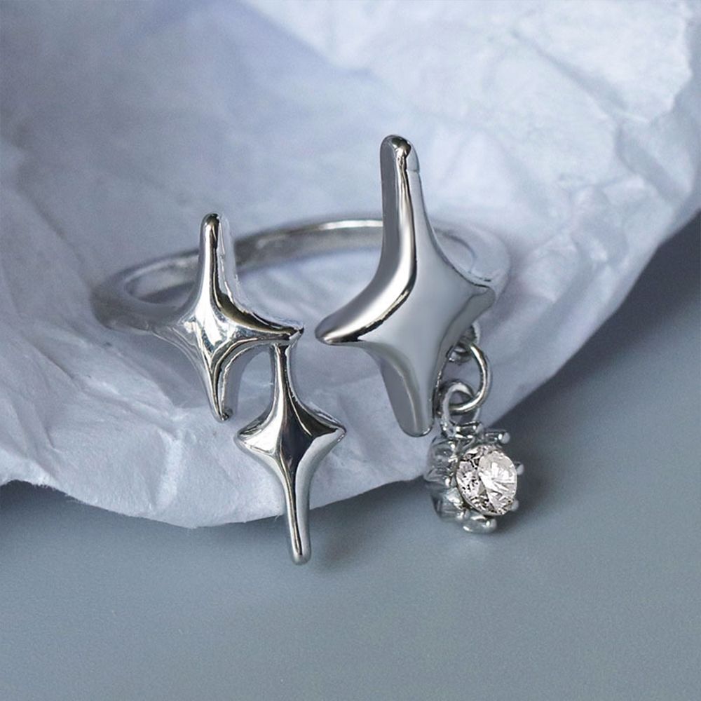 Punk Silver Color Four Pointed Star Ring Zircon Pendant Original Handmade Adjustable Size Ring For Women