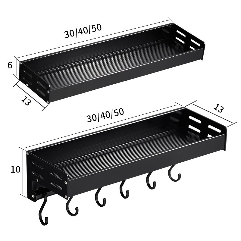 Black Wall Mounted Kitchen Racks with Hooks Space Aluminum Storage Shelf Kitchen Appliances Spice Rack Kitchen Rack Organizer
