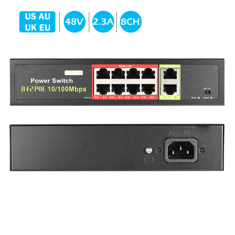 10 Ports POE Switch 48V Power Over Ethernet Network Switch 8 PoE Switch Injector for IP camera/Wireless AP/CCTV Camera System