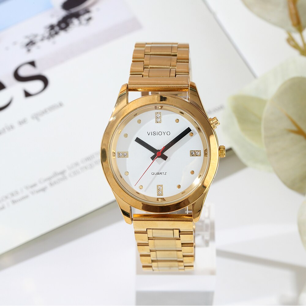 Montre parlante française avec fonction d'alarme, Date et heure parlantes, cadran blanc, fermoir repliable, étiquette du boîtier doré-404