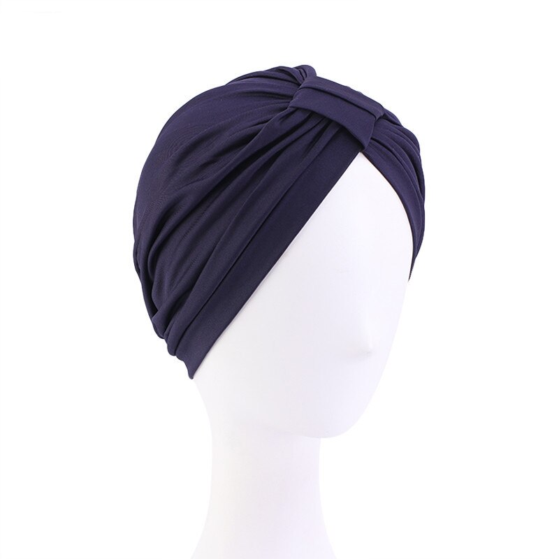 Indiase Vrouwen Modal Katoen Geplooide Hoed Chemo Haaruitval Kanker Tulband Motorkap Hoofd Sjaal Wrap Strech Bandana Cover Beanie Arabische cap: 02 Navy