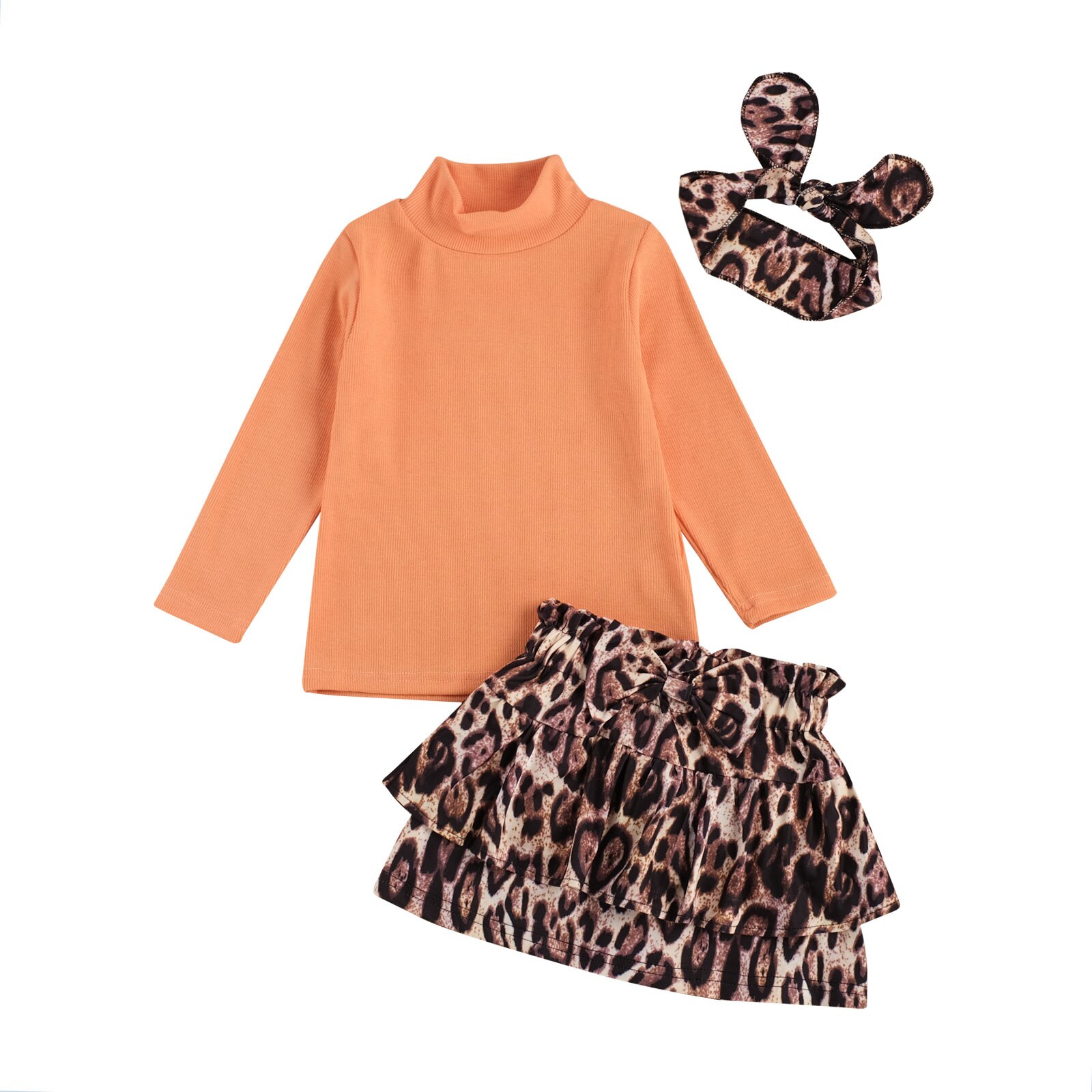 Ensemble 3 pièces pour petites filles, haut à manches longues, jupe léopard, bandeau, tenue pour enfants: 9M