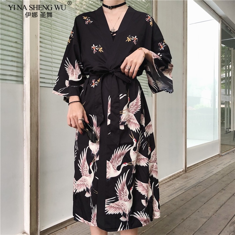 Kimono japonés de tipo Yukata Kimono Cardigan blusa de mujeres de manga larga Cardigan Haori Kimonos tradicionales cinturón de vestido largo