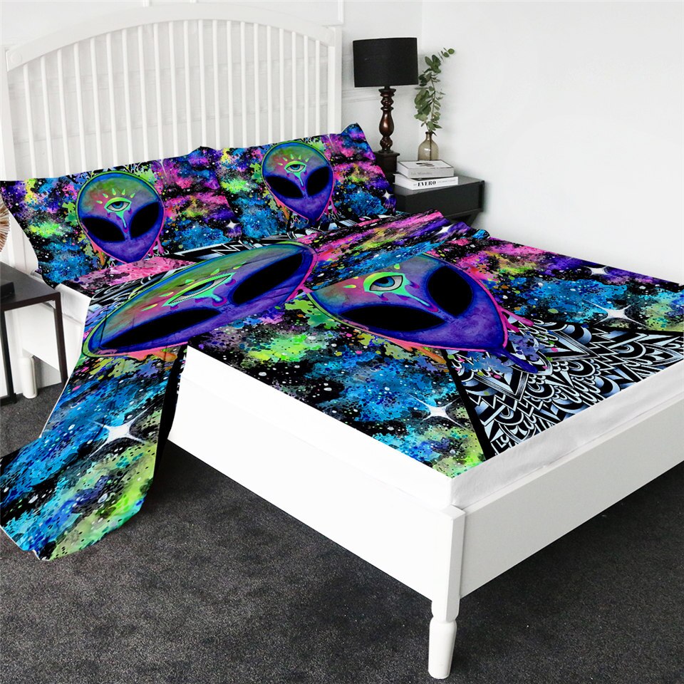 chaos przez brizabazar pościel kolorowe czaszki płaski arkusz galaktyka Mandala gotyk prześcieradło zestaw z poszewką wszechświat pościel 4 sztuk: Trippy Alien / królowa