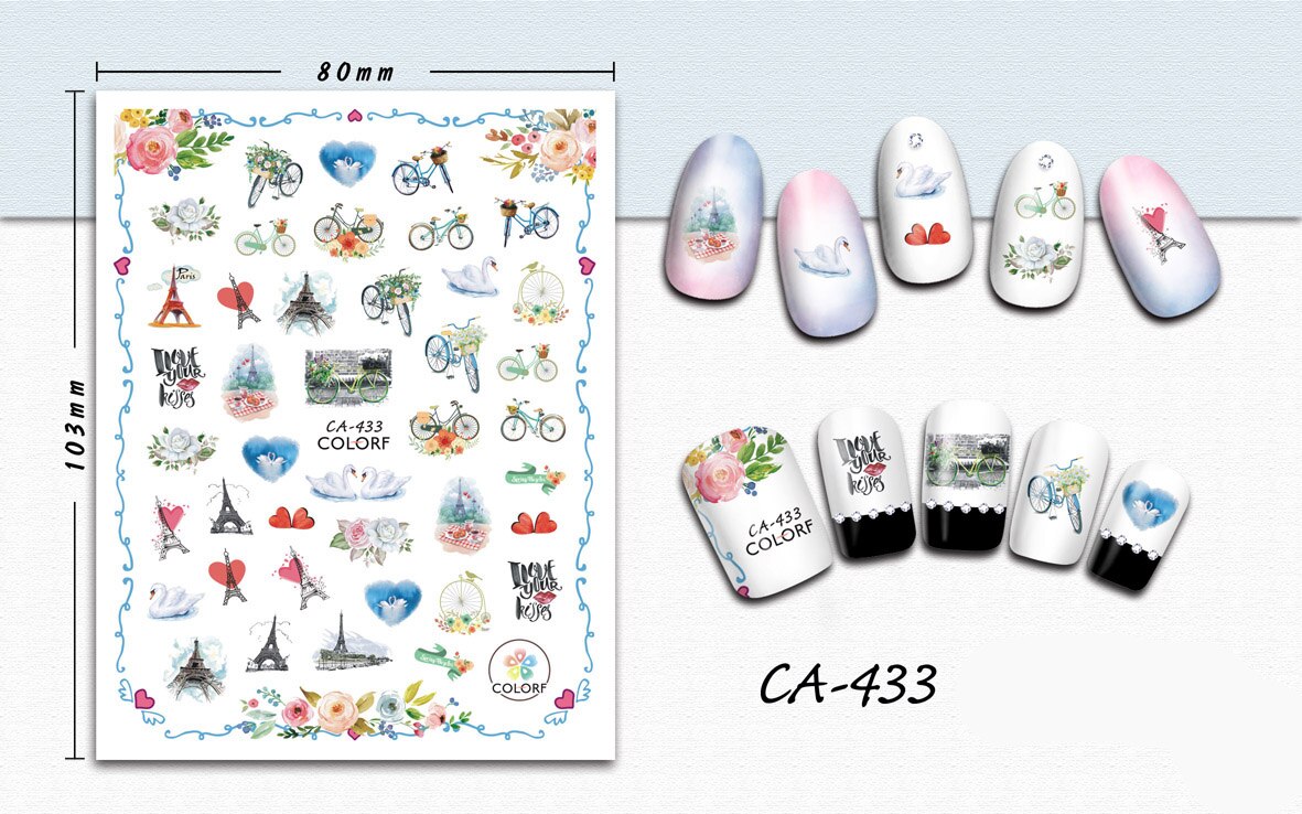 3D Nail Sticker Meisje Manicure Decals Decoratie Stickers Voor Nagels Bloem Fiets Ijzertoren Nail Art Sticker Accessoires
