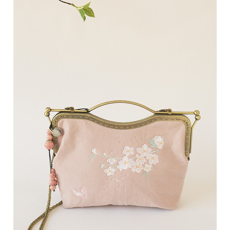 Alasir Original Artsy Bag Chinese Style Bags Vintange Women Handbags Cotton and Linen Crossbody Bags Embroidery Flowers Frame: light pink