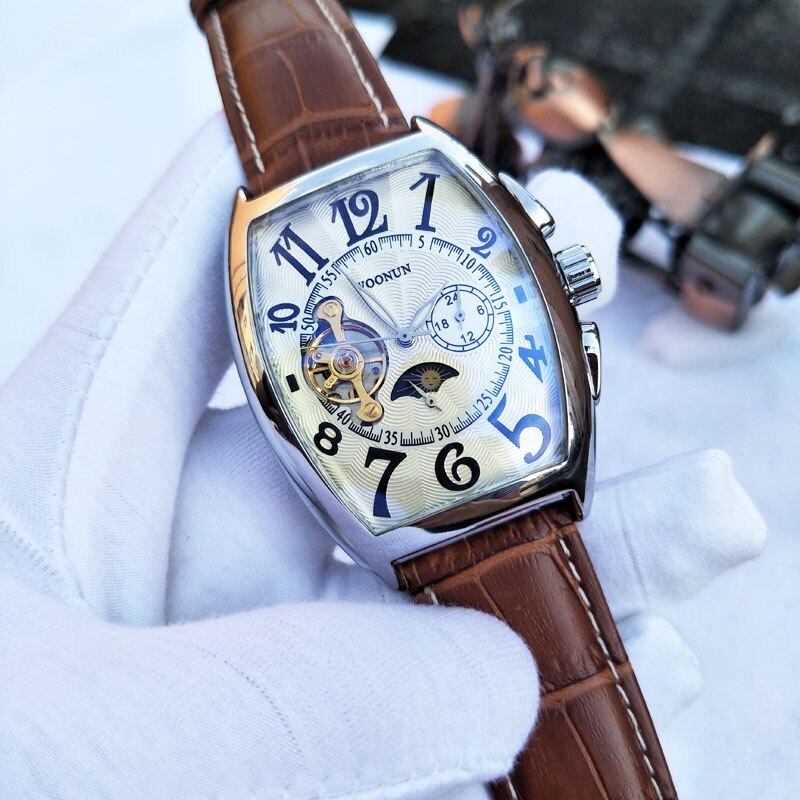 Luksus mænds ure mænd mekaniske ure tonneau dial automatiske mekaniske ure mænd tourbillon ure montre homme reloj: 66577 hvidbrun