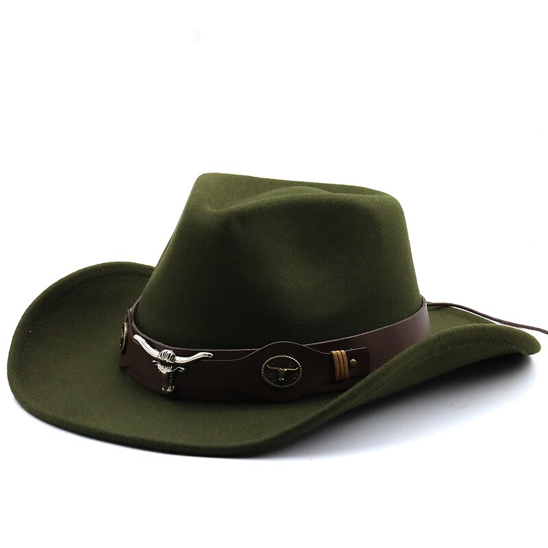 Women Men Hollow Western Cowboy Hat With Tauren Belt Winter Autumn Jazz Outback Jazz Toca Sombrero Cap Size 56-58CM: Army Green
