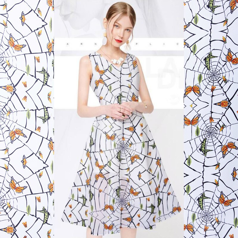 100% mulberry silk crepe de chine fabric cloth per meter butterfly printed anti-wrinkle shirt dress fabric express