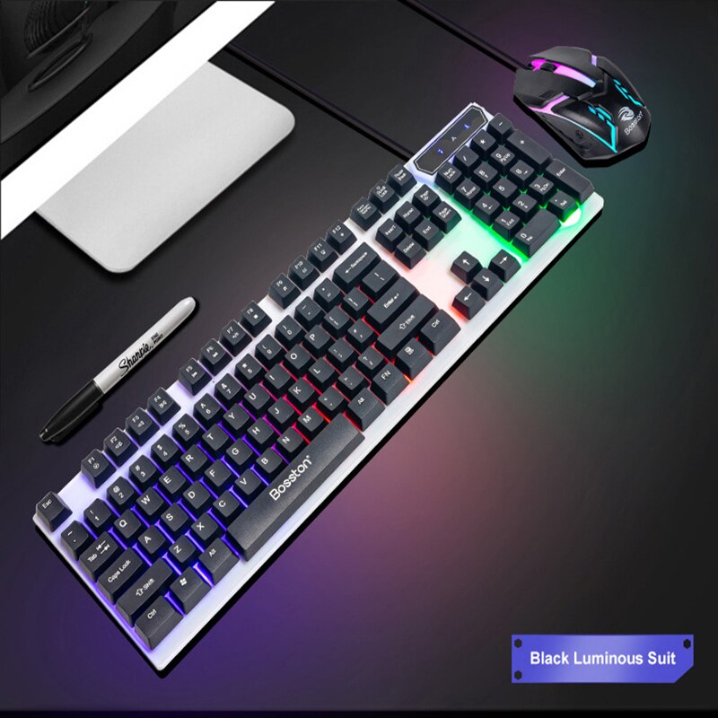 Luminous Keyboard and Mouse Set Gaming Mechanical Feel USB Wired LED Backlit Floating Keycap for Gamer Desktop Home Office: SMTBX68Black