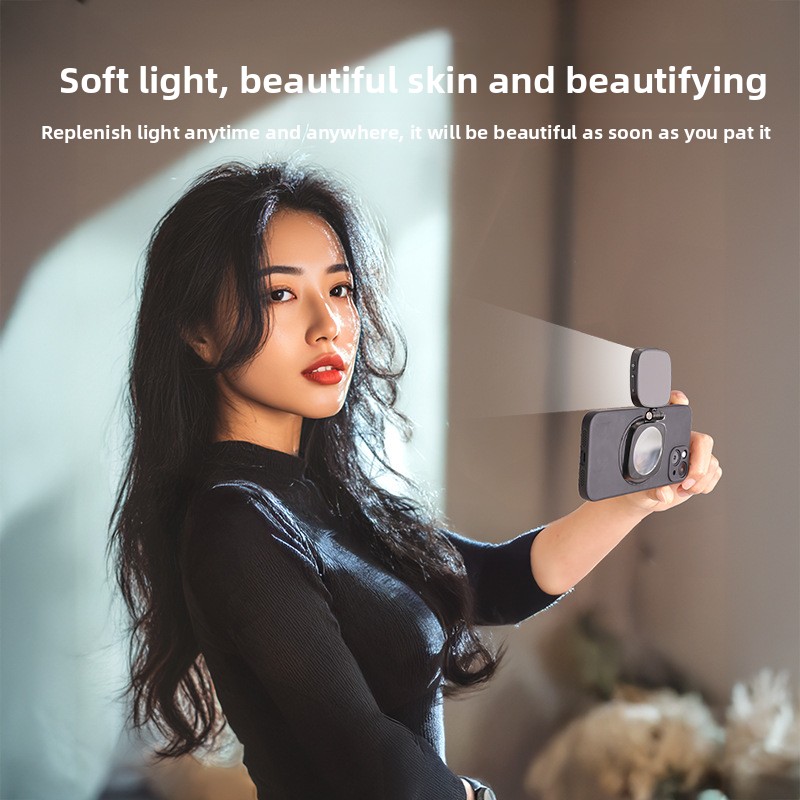 Magnetisch selfielampje voor je telefoon, invullicht voor je mobiele telefoon met spiegel, zaklampje, opvouwbaar led-invullicht voor je telefoon, ideaal voor make-upfotografie