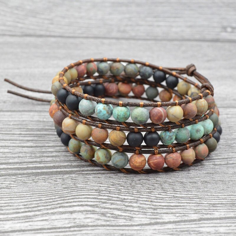 Schmuck 6MM Matte Stein Wrap Leder Armbänder Vintage 3 Strands Multilayer Woven