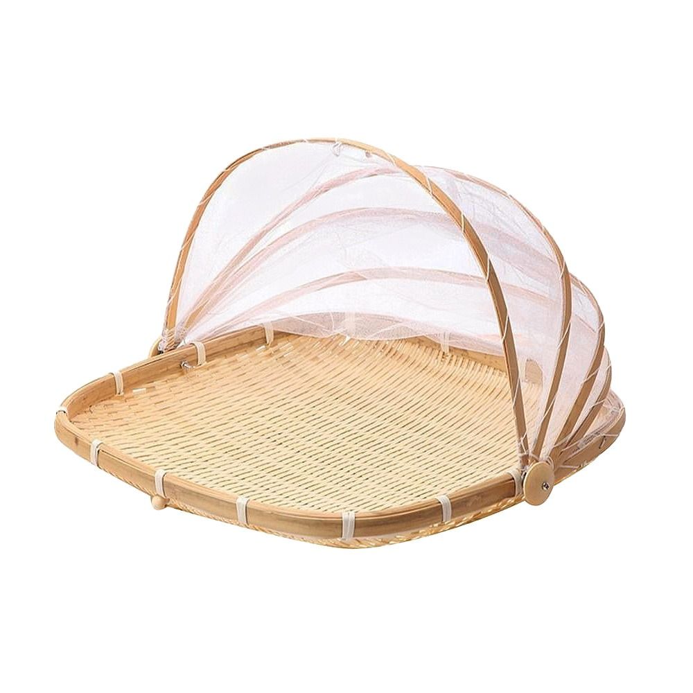 Bamboo Woven Basket Anti-Mosquito Net Fruit Vegetable Laundry Baskets Dustpan Tent Basket Tray Outdoor Picnic Mesh Net Cover: Pink