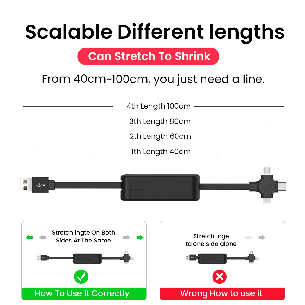 4 in 1 udtrækkelig 8 ben/usb type c/micro usb kabel til iphone 13 12 pro 1m mobiltelefon oplader datakabel ledning med telefonstativ