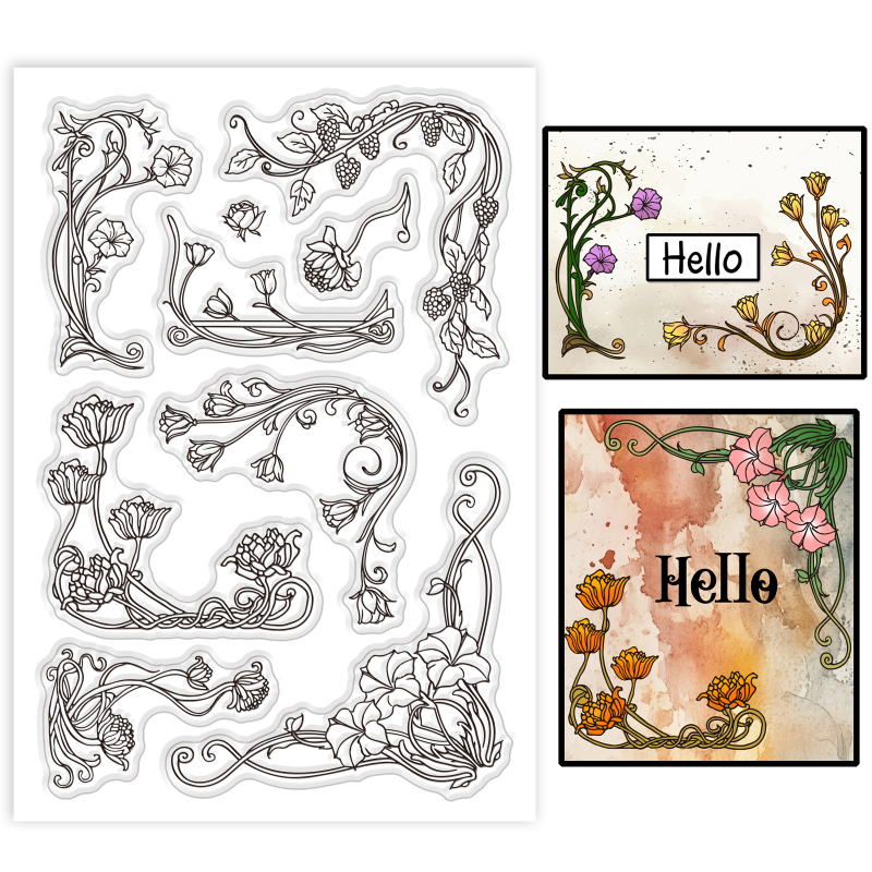Sellos transparentes de esquina de plantas, sellos transparentes de silicona con borde de rosa y flores, sellos transparentes para tarjetas de álbum de recortes DIY: Beige
