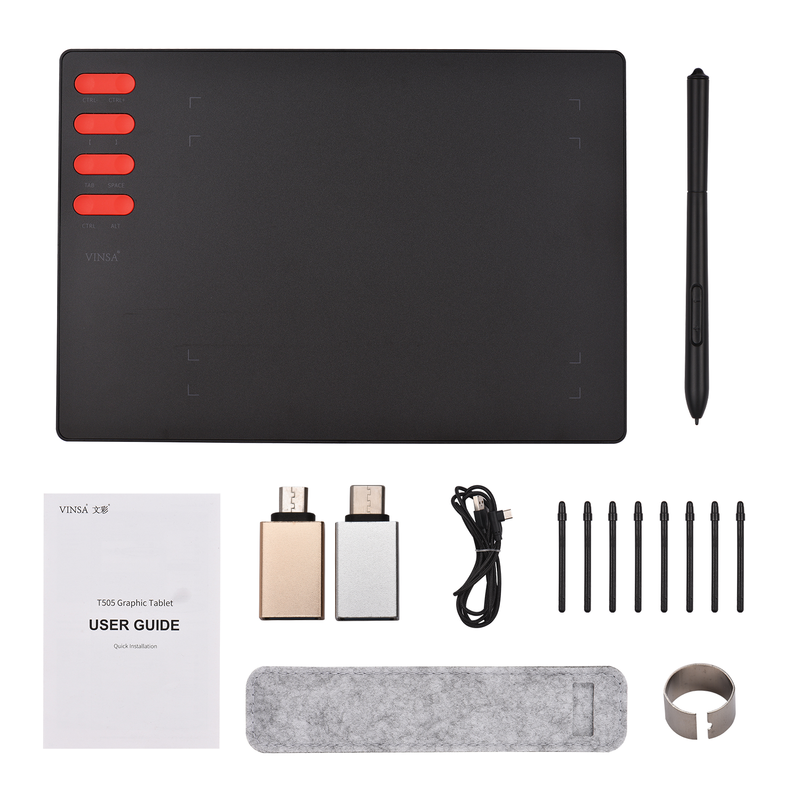 T505 Graphics Drawing Tablet Ultralight Art Creation Sketch Battery-free Stylus 30 Pen Nibs 8192 Levels Pressure 8 Shortcut Keys: package 1