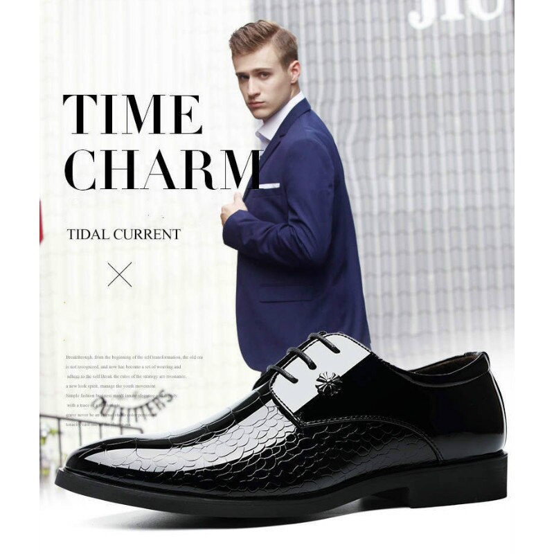 Zapatos de oficina para hombre del Océano Pacífico, zapatos de vestir para hombre de cuero brillante Negro, zapatos de vestir transpirables de talla grande con punta estrecha, zapatos planos para boda