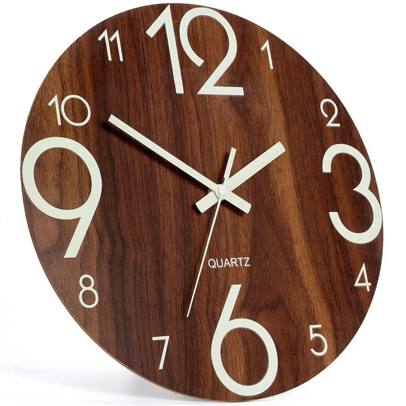 Luminous Wall Clock,12 Inch Wooden Silent Non-Ticking Kitchen Wall Clocks With Night Lights For Indoor/Outdoor Living Room Bedro