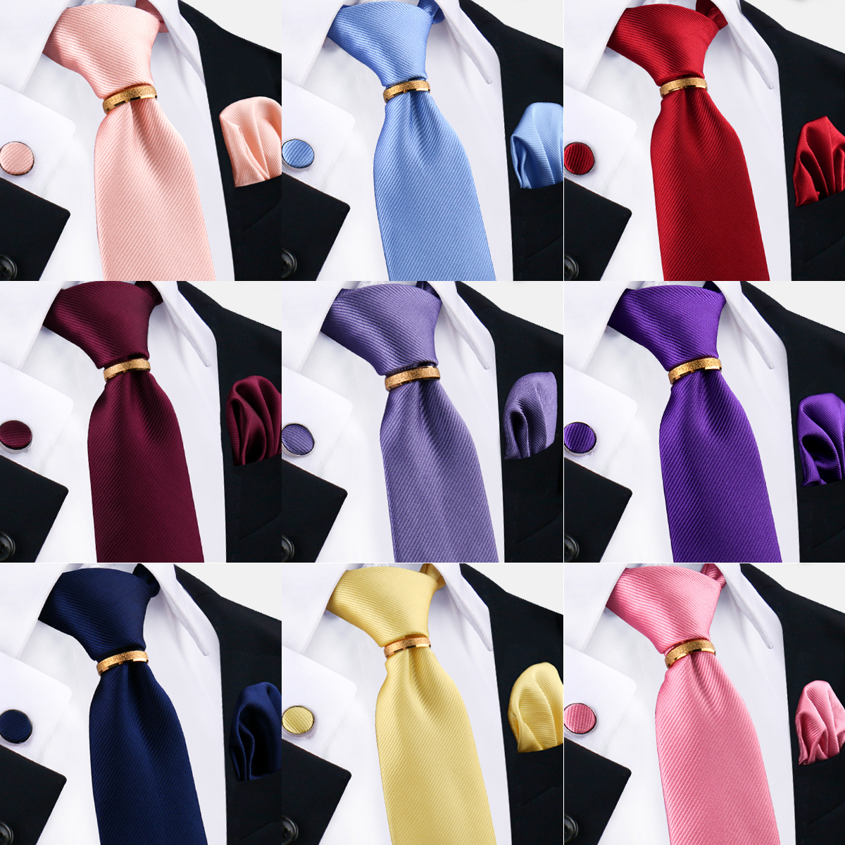 Conjunto de gravatas de seda sólida de luxo para homens gravata lenço abotoaduras com anel de metal dourado broche terno festa de casamento acessórios masculinos