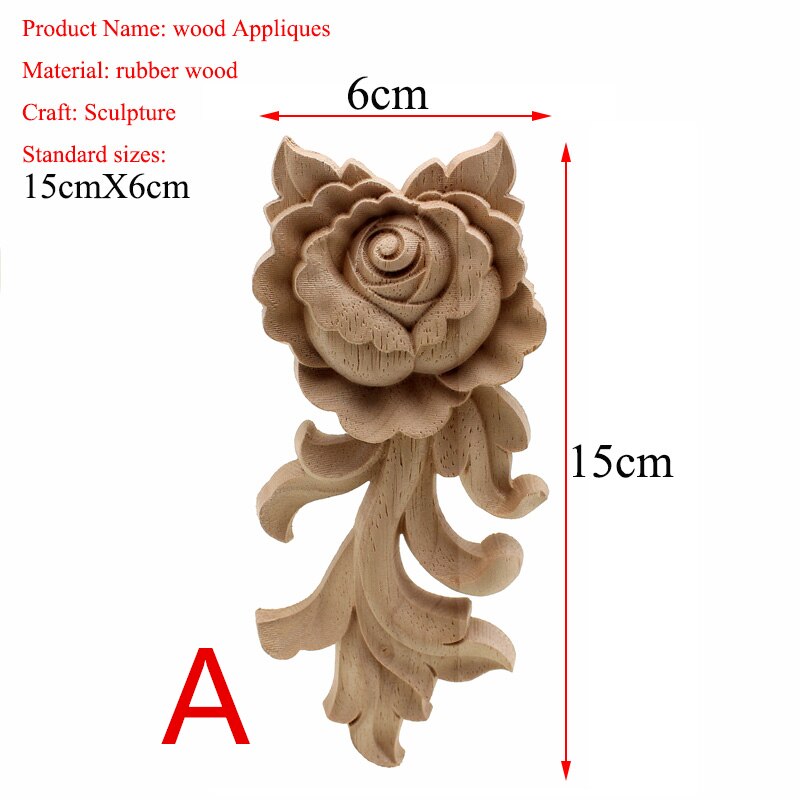 VZLX Flower Wood Carving Natural Wood Appliques for Furniture Cabinet Unpainted Wooden Mouldings Decal Decorative Figurine: 15cmX6cm A