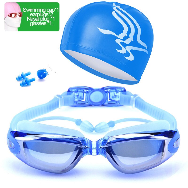 Svømmebriller voksen svømmebriller vandtæt dragt hd anti-fog 100%  uv justerbare svømmebriller til bassiner: P-blå