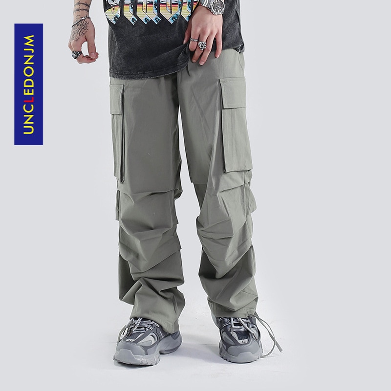 Ropa de trabajo para hombre de estilo Hip-hop plisada unclodonjm, pantalones informales Retro con múltiples bolsillos, pantalones con cintas al tobillo y cordones, CG-2002 para hombre