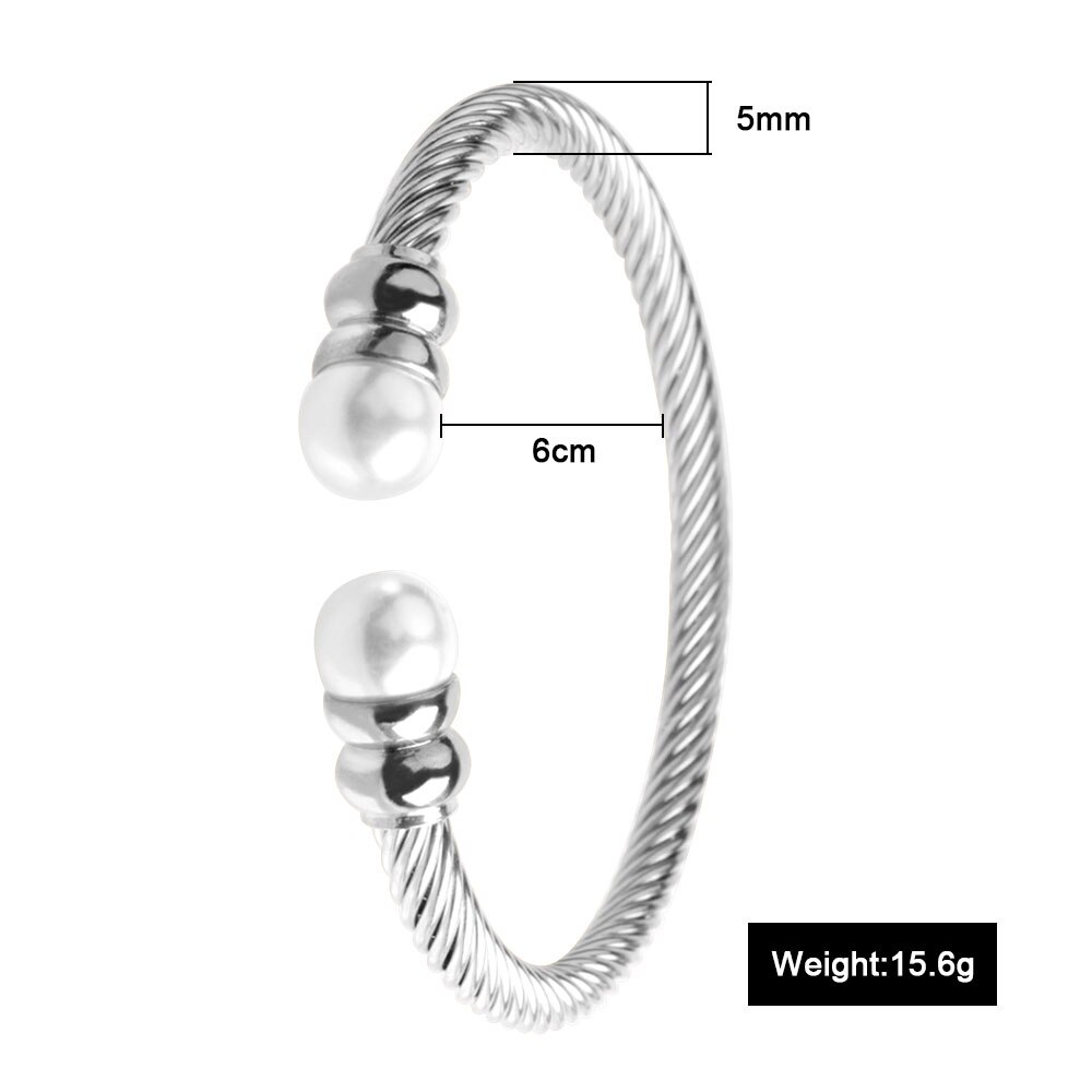 FINE4U B055 Adjustable Pearl Cuff Bracelet Bangles For Women 316L Stainless Steel Twisted Cable Bracelets: Steel-5mm