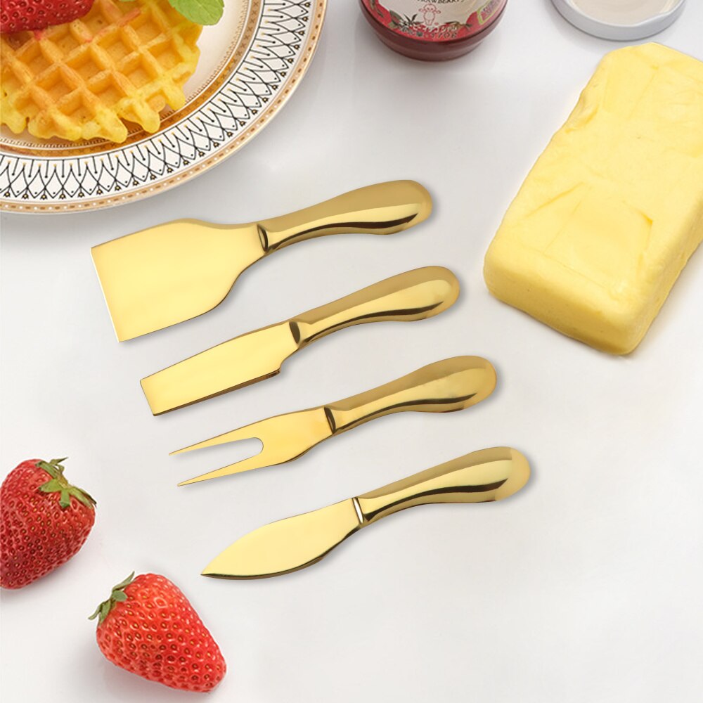 4Pcs Cheese Knife Set Complete Stainless Steel Collection Multi-Use Cheese Knives Slicer Cutter Spreader Fork: gold