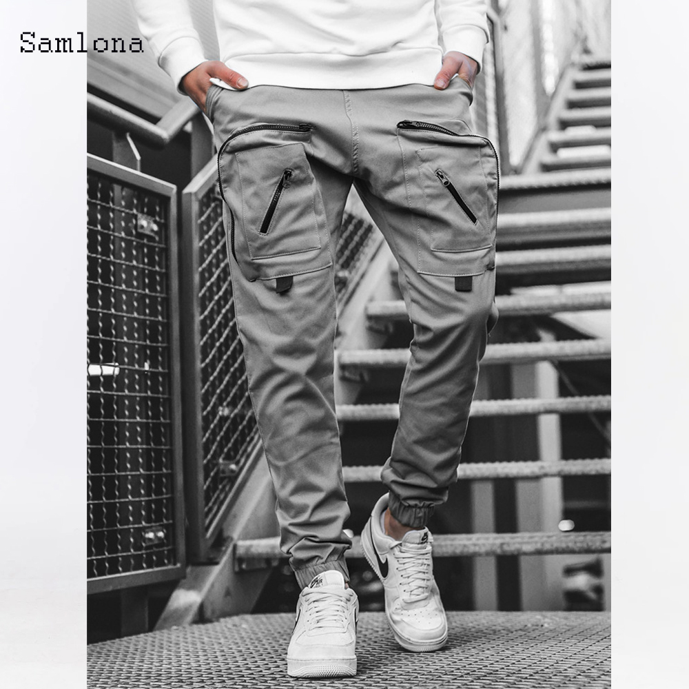 Fritid cargo bukser lommer glidelås bukser menn sommer sport hip hop jogger bukser herre fritids joggebukser streetwear: Xxl / Grå
