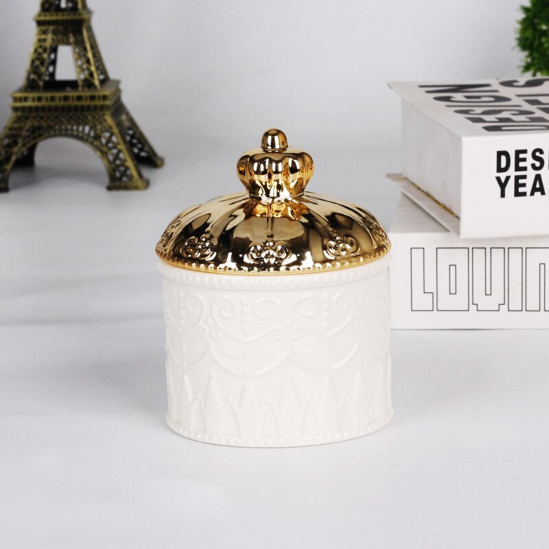 European-style Electroplating Ceramic Storage Jar Display Box Crown Jewelry Box with Lid Desktop Ornaments Home Storage Supplies: A