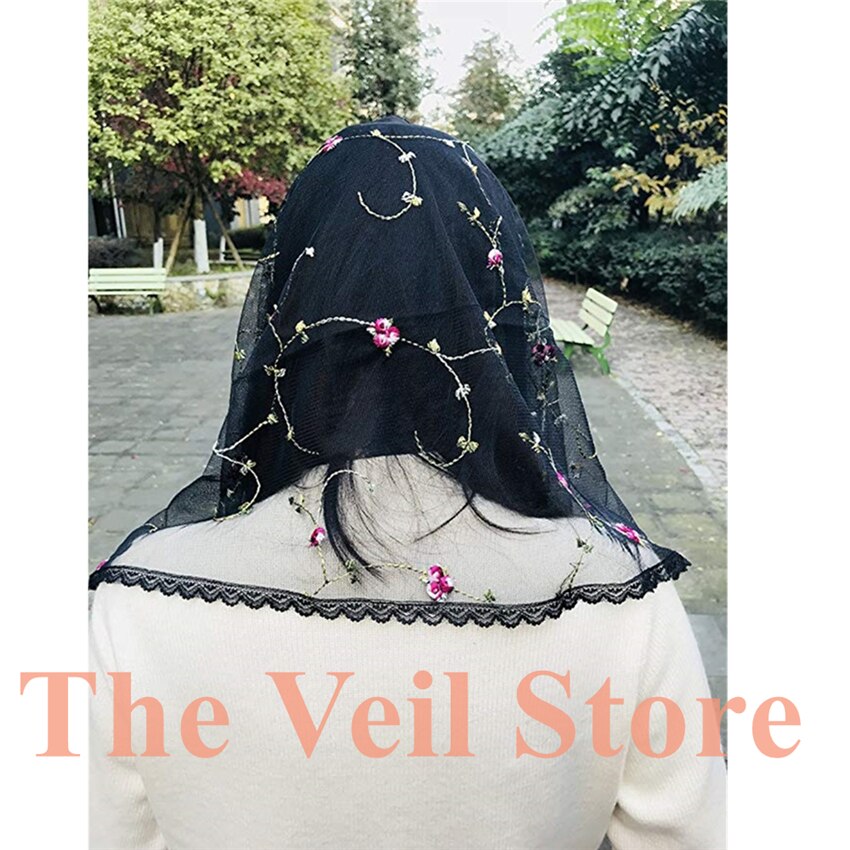 ISHSY ivoire noir dentelle orthodoxe voile tête couvrant fleurs brodées chapelle catholique mantille voile mantille de Novia Negra