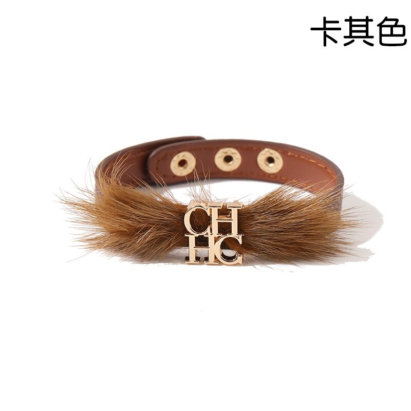 Titanium steel glossy gold CH lettered double loop leather bracelet for women: Rhodium Plated