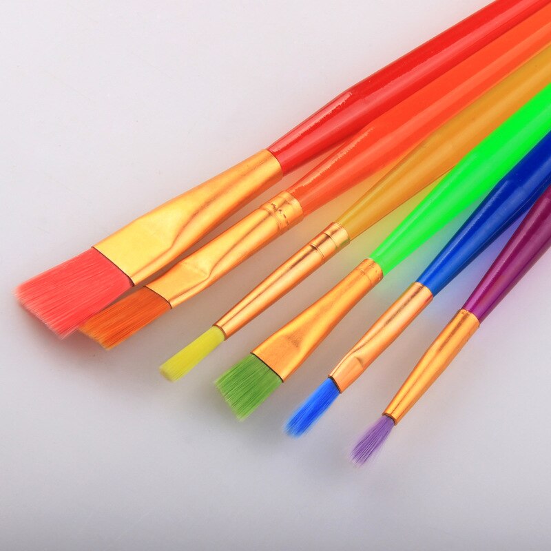 Set van 6 platte kinderverfkwasten met kleurrijke kunststof handvaten en nylon verfkwasten, teken- en kunstbenodigdheden, doe-het-zelf knutselspullen