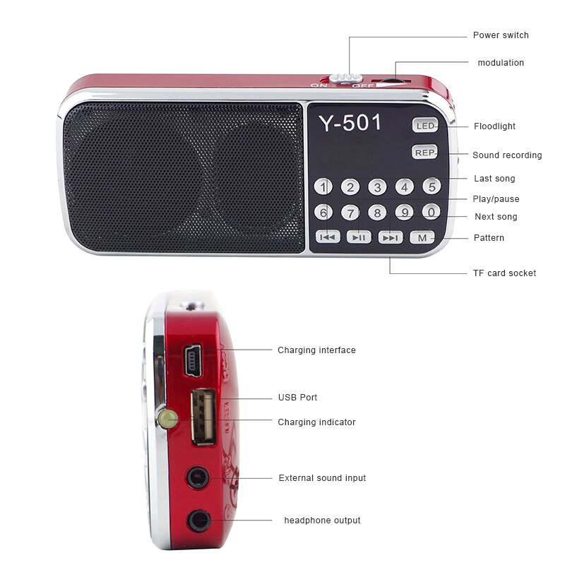 Radio portátil de alta potencia MP3 reproductor Digital reproductor de Audio con linterna LED Radio portátil equipo de Audio y vídeo