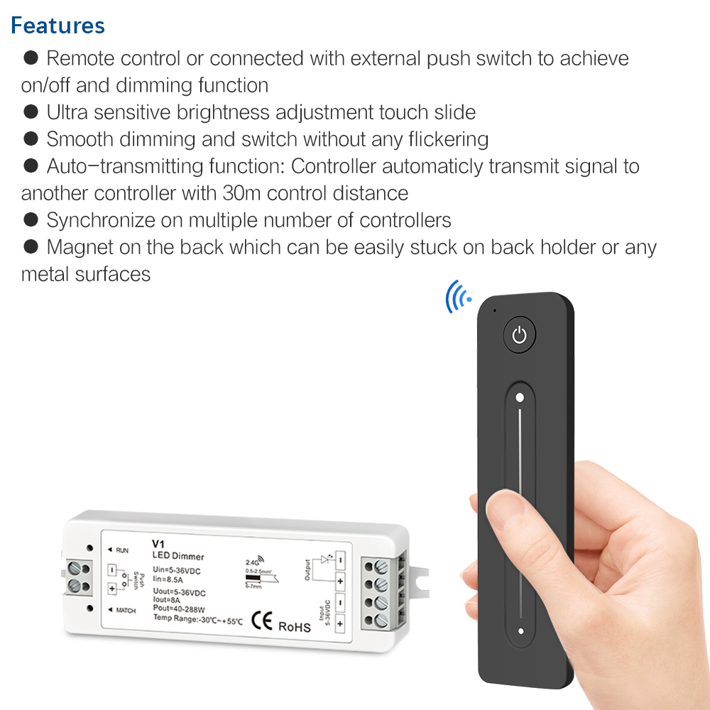 Dimmer 12v 24v 36v 5v dc 8a 2.4g rf pwm trådløs berøringsfjernkontroll for led-stripelysbrytere med én farge dimmerkontroller  v1 r11