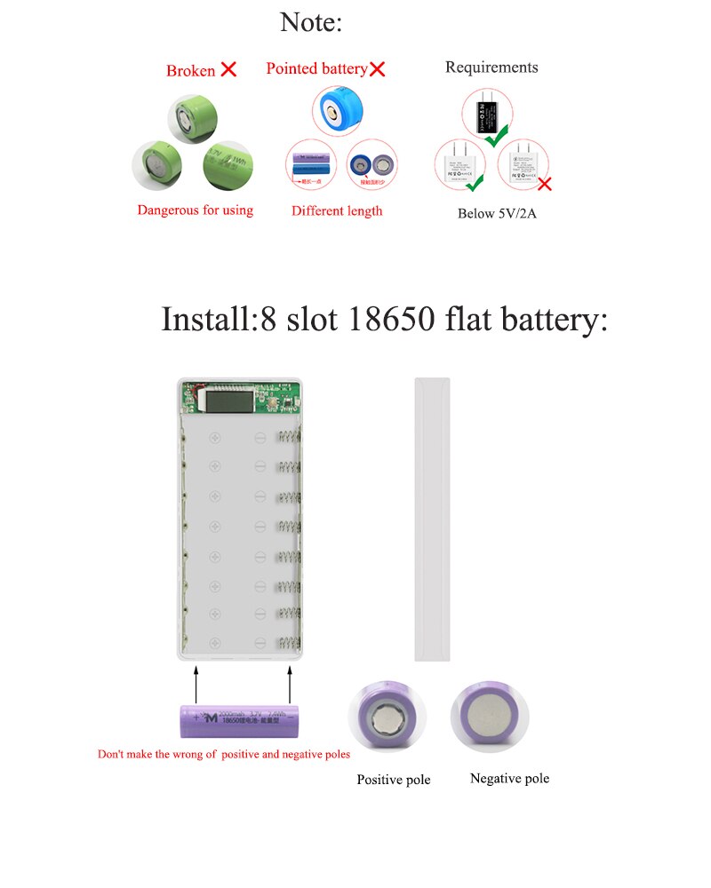 8x18650 Flashlight Battery Charger Box Power Bank Holder DIY Shell Case Dual USB 18650 Battery Shell Storage Organize